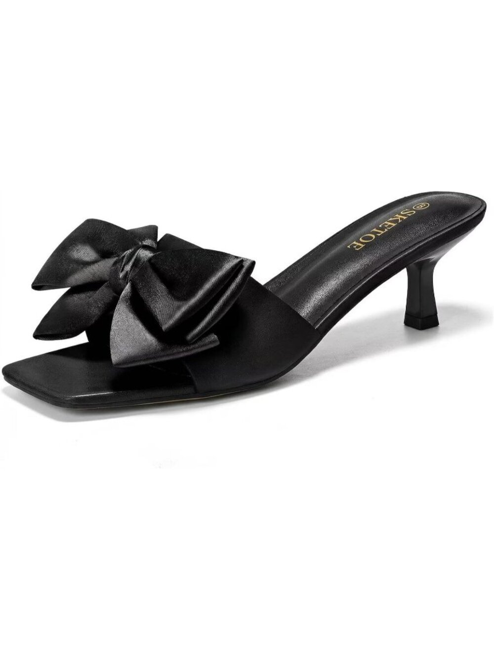 Women's Black Bow Kitten Heels Square Open Toe Slip On Party Sandals